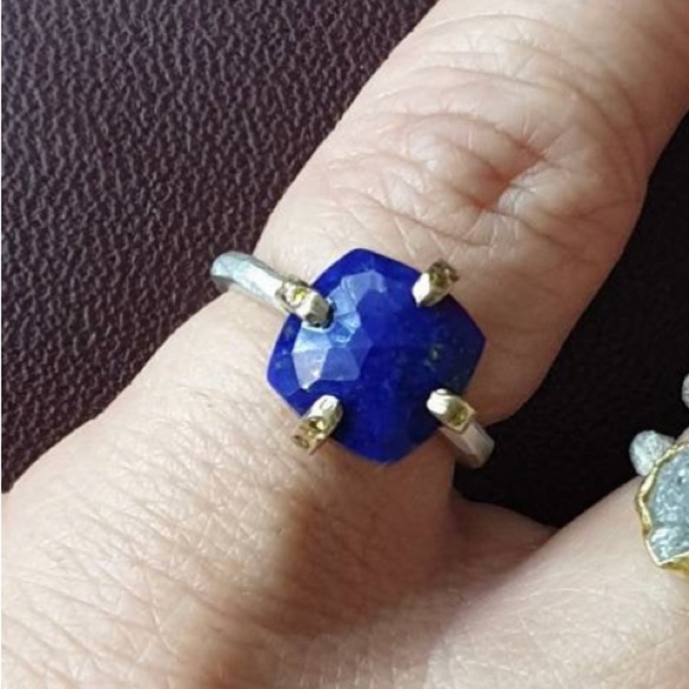 Designer lapis ring 14k prongs with cognac diamonds - Picture 2 of 6